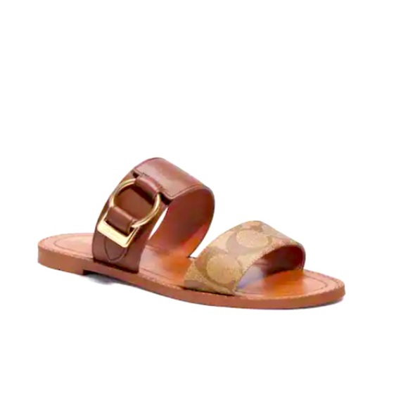 New women Coach Hallie Signature Sandals Khaki leather size 5.5 - Picture 2 of 10